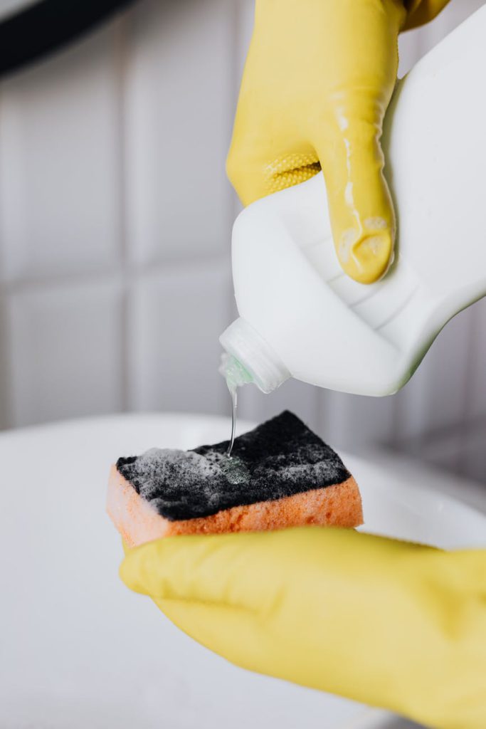 Dishwasher detergent being applied